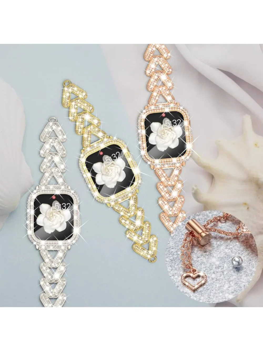 Stylish Metal Band & Bling Rhinestone Case for Apple Watch 38mm-46mm - Women’s